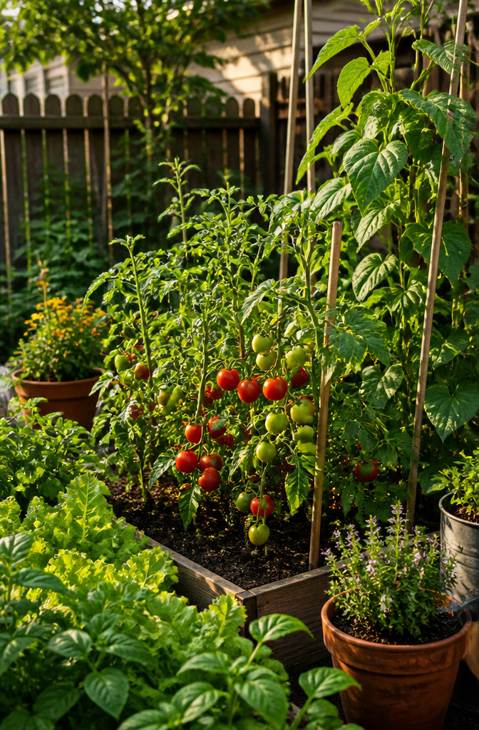 Bush-type vegetables growing neatly in a small backyard garden.