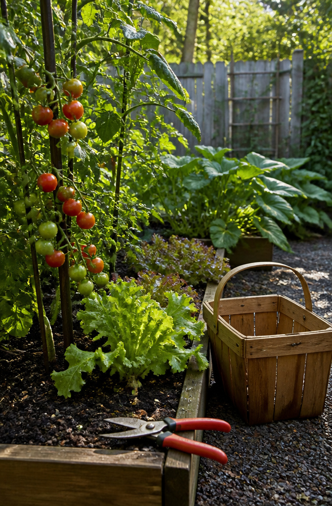 A selection of ripe cherry tomatoes and lettuce ready for harvest.