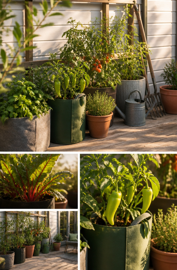 Various pots and containers arranged on a patio for vegetable gardening.