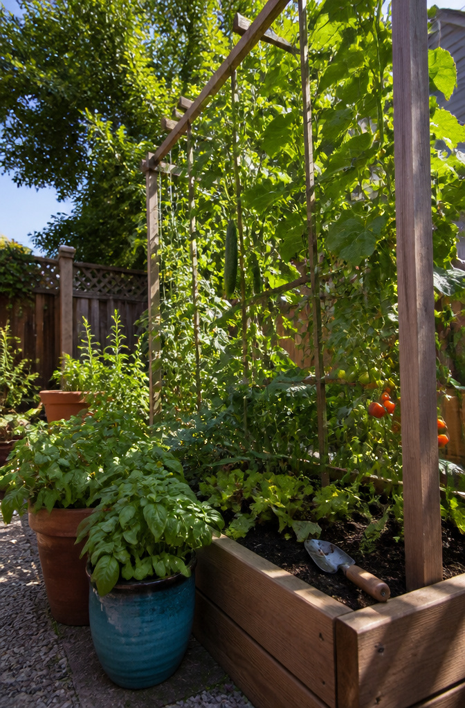 A trellis supporting climbing plants in a small backyard vegetable garden.
