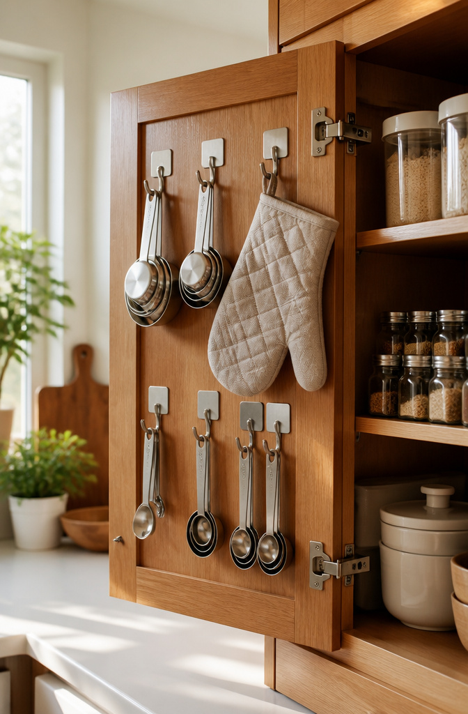 Cabinet door with self-adhesive hooks holding measuring cups and mitts.
