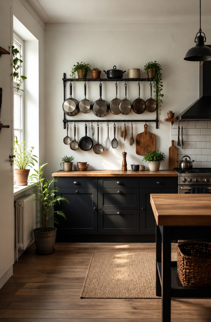 Wall-mounted racks and hooks for vertical kitchen storage.
