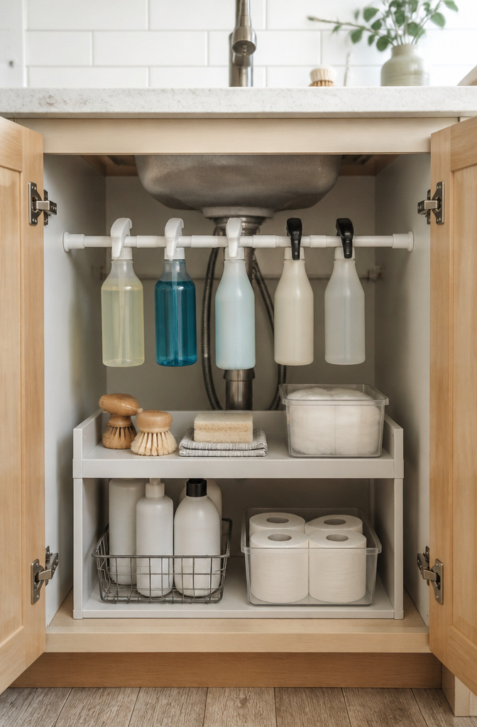 Tension rod in an under-sink cabinet holding spray bottles.