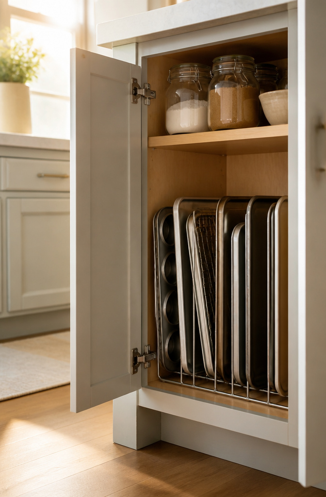 Adjustable bakeware rack holding various baking sheets and pans.