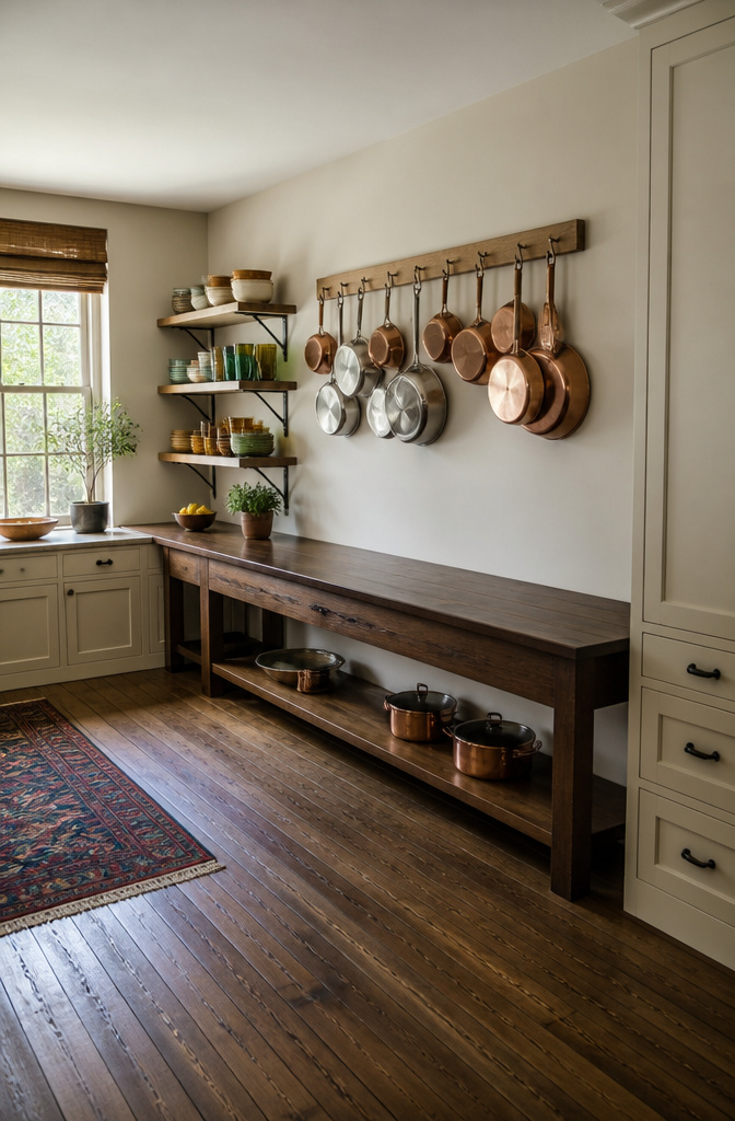 Wooden wall-mounted pot rack with hooks for storage.