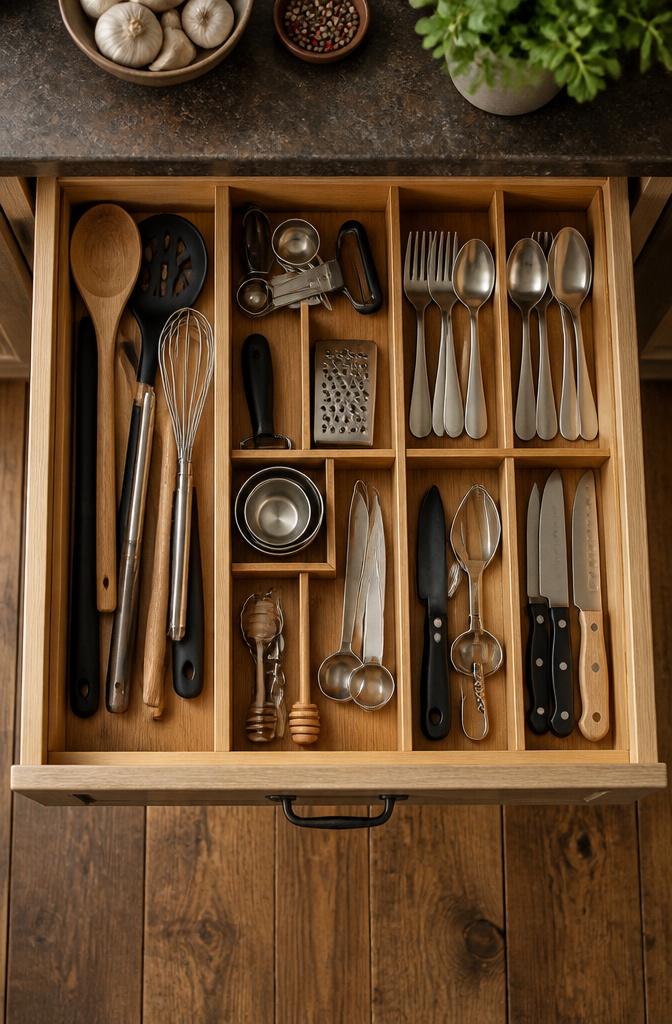 Kitchen drawers sorted by frequency of use for organization.