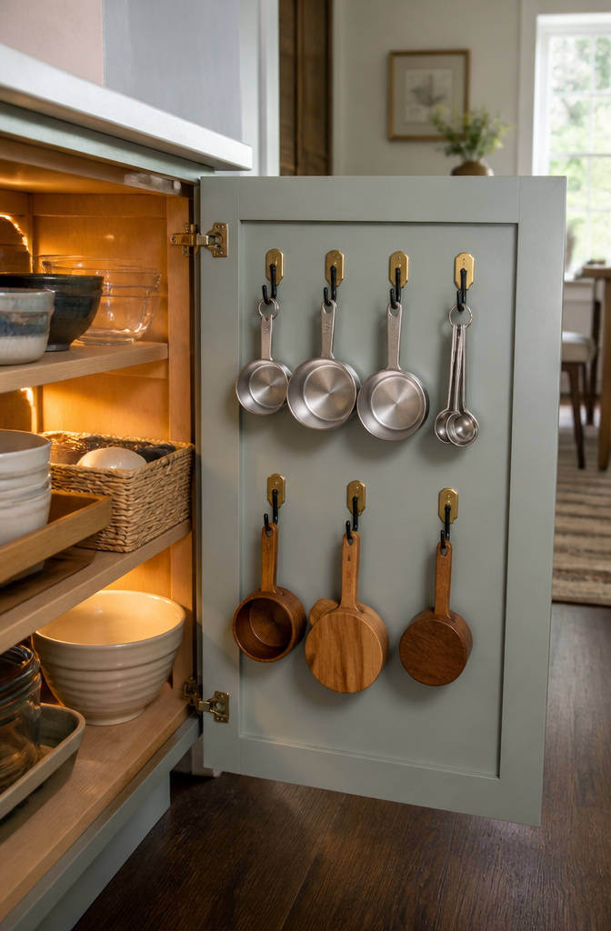 Cabinet door with adhesive hooks holding measuring cups.