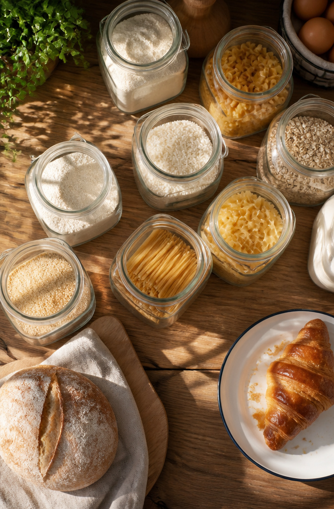 Clear containers holding flour, sugar, and pasta on a shelf.