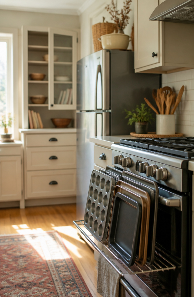 Baking sheets and muffin tins stored on an oven rack.