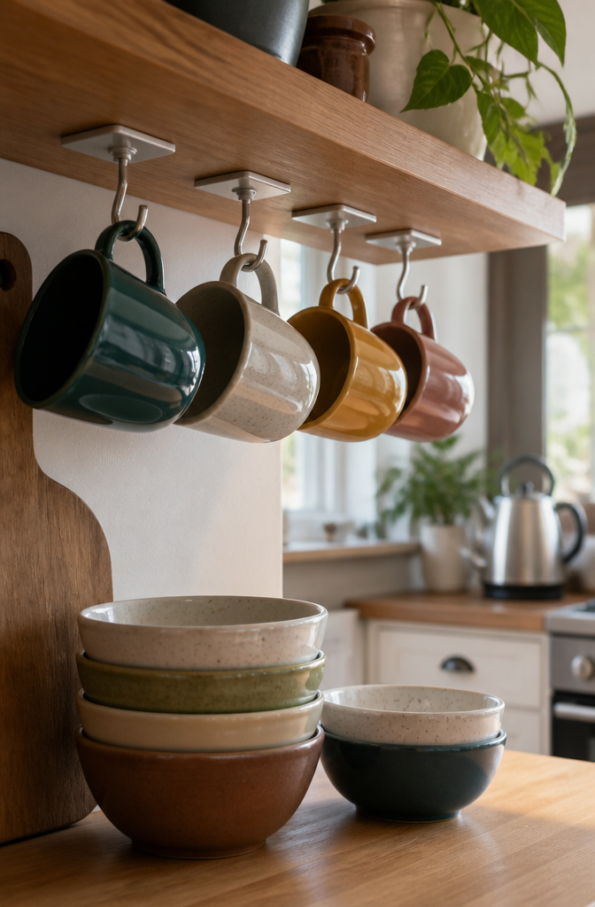 Under a shelf, self-adhesive hooks hold colorful ceramic mugs.
