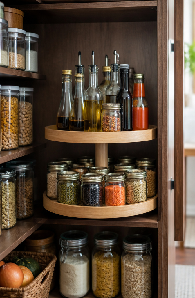 Two-tier lazy Susan in a pantry holding oils and jars.
