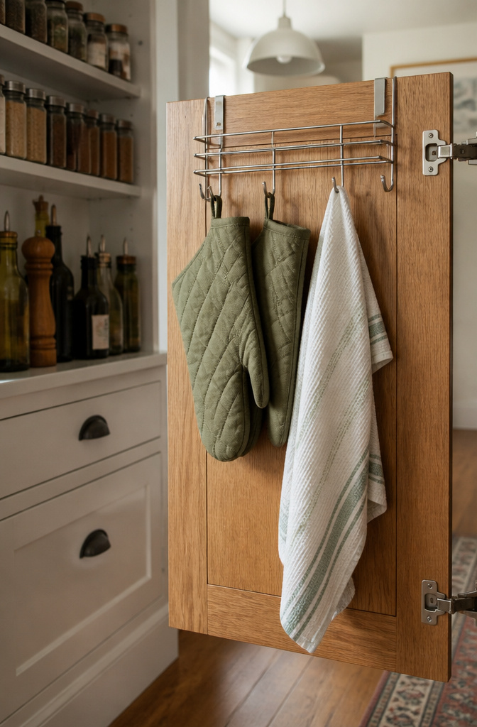 Wire rack mounted over a cabinet door with mitts and towel.