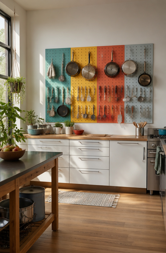Steel pegboard mounted on a wall with pots and utensils.