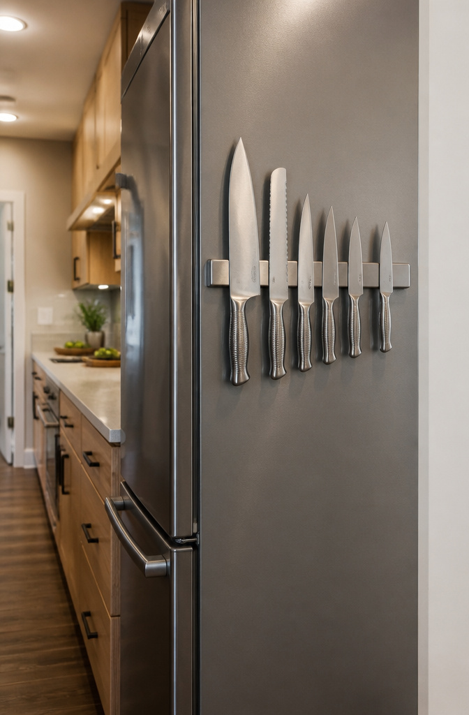 Magnetic knife strip on a refrigerator holding various knives.