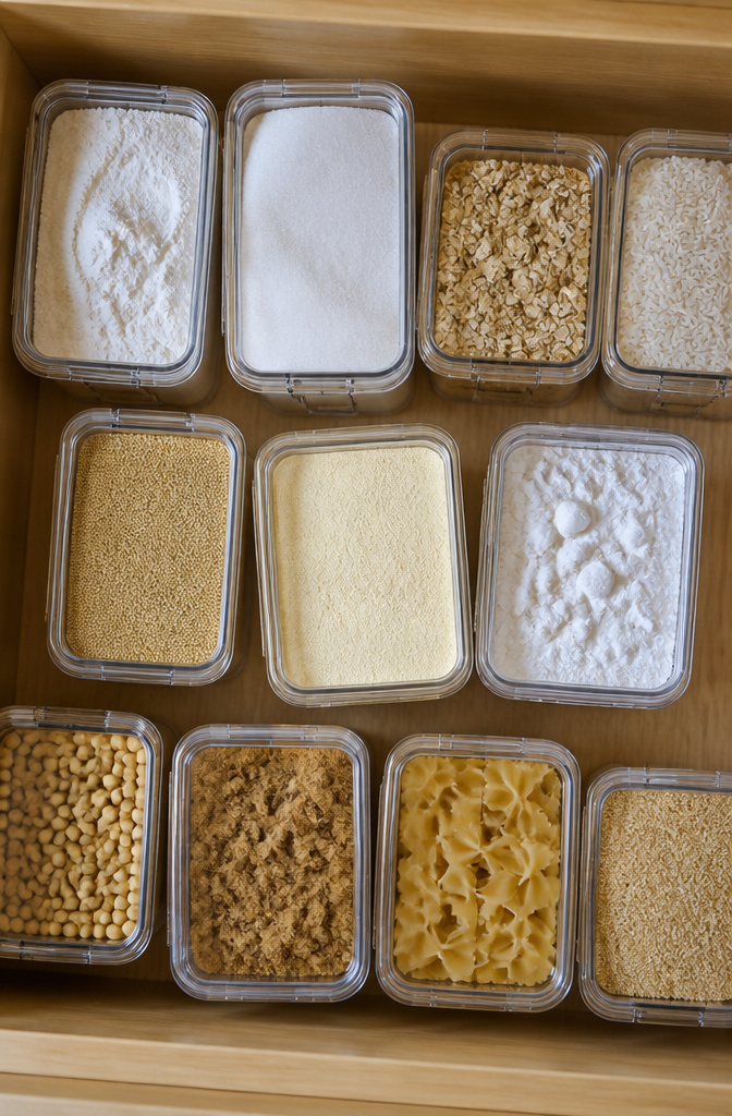 Stackable clear containers holding pantry staples on a shelf.