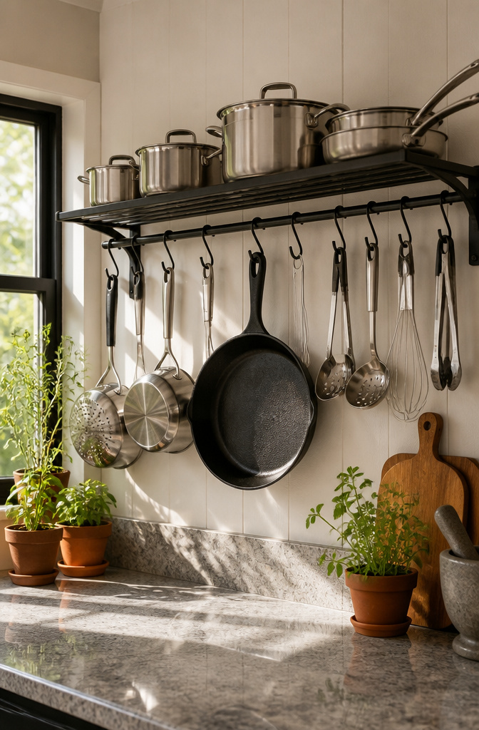 A wall-mounted pot rack displaying various kitchen pots and utensils.