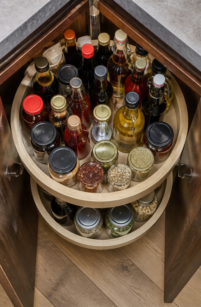 Two-tier Lazy Susan organizer in a kitchen corner cabinet.