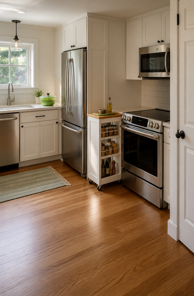 Narrow rolling utility cart loaded with kitchen supplies.