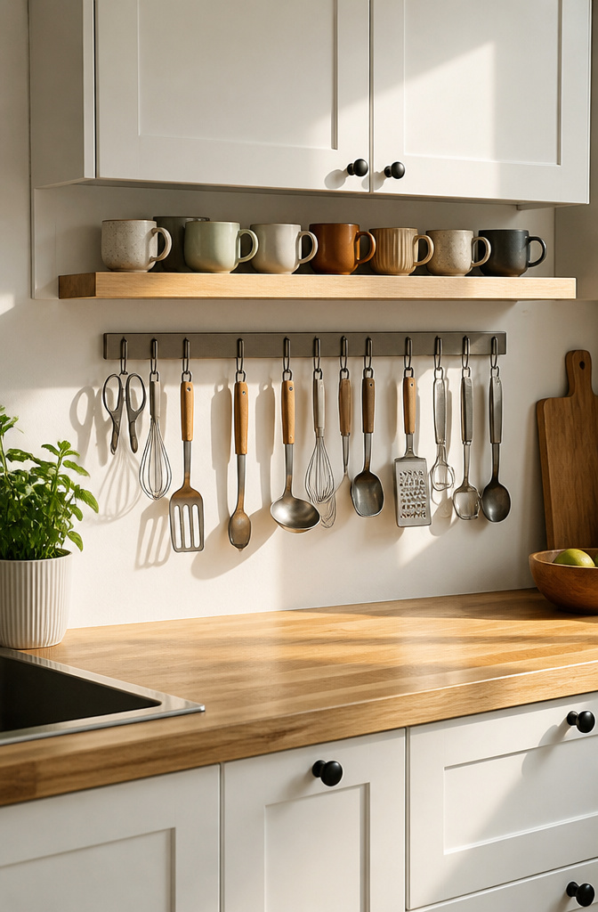 Slim shelf and magnetic strip under a kitchen cabinet.