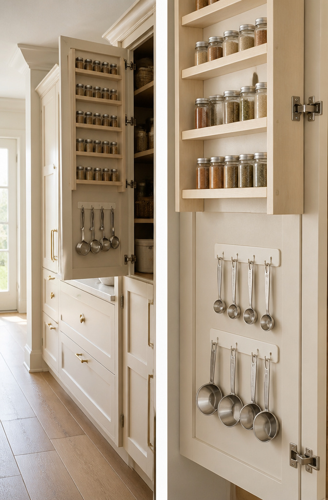 Organizers mounted on the inside of a cabinet door.