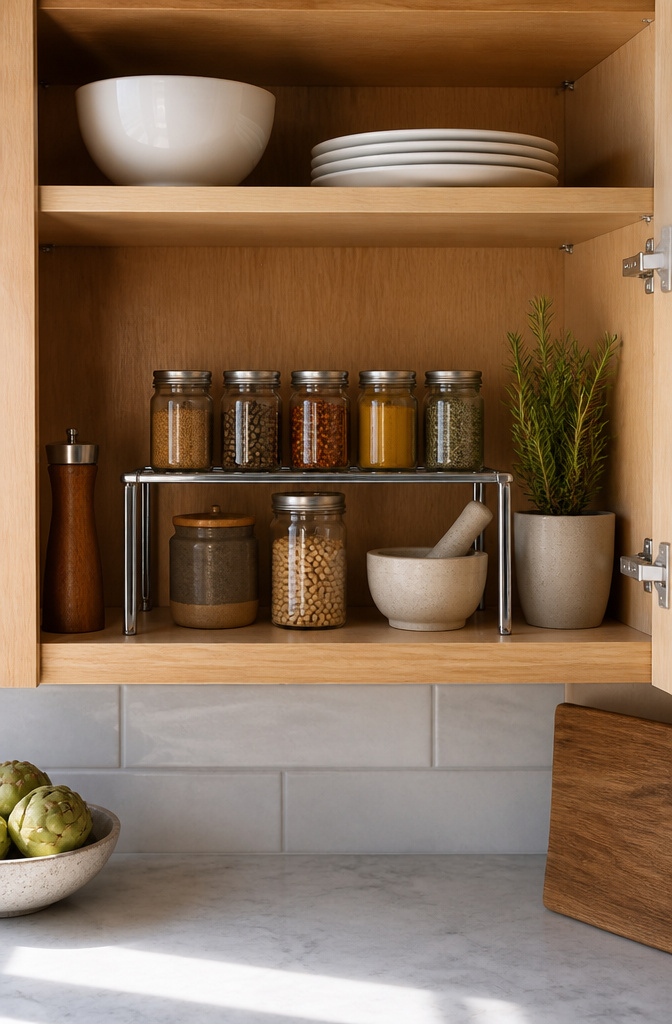 Shelf riser displaying spice jars and kitchen accessories.
