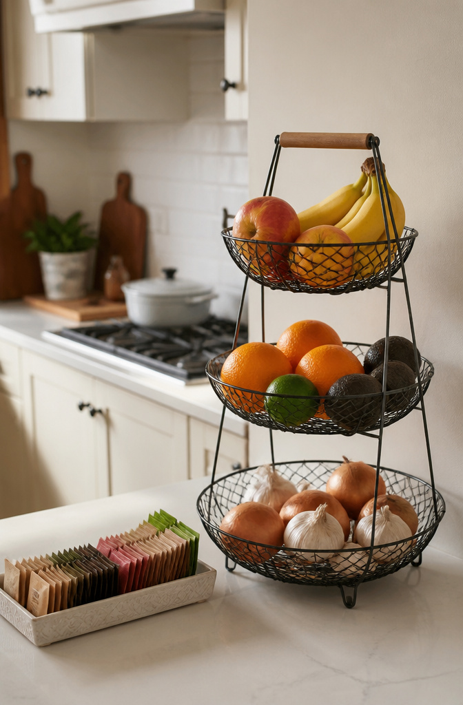 Freestanding tiered stand filled with fruits and snacks.