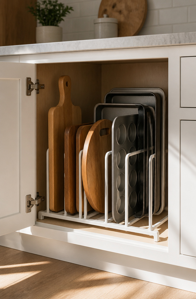 Adjustable bakeware rack standing vertically in a kitchen cabinet.
