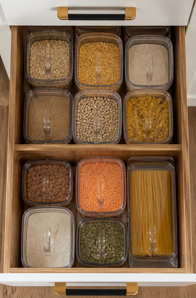 Clear bins neatly arranged in a kitchen cabinet.