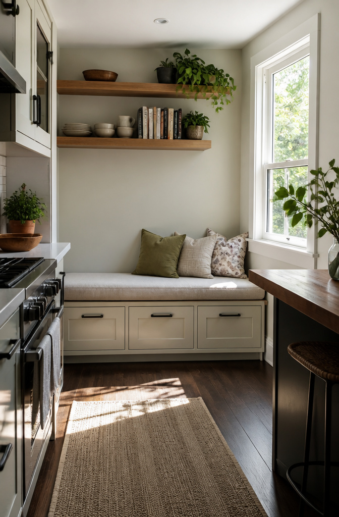 Breakfast nook with a bench that has hidden storage underneath.