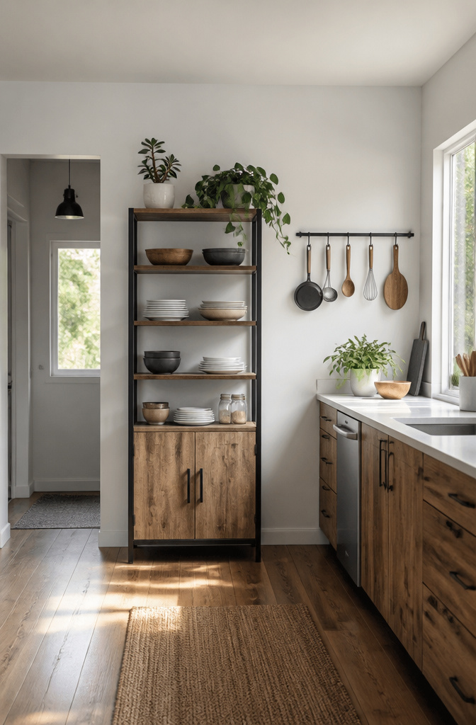 A tall, narrow shelving unit filled with kitchen items and dishes.