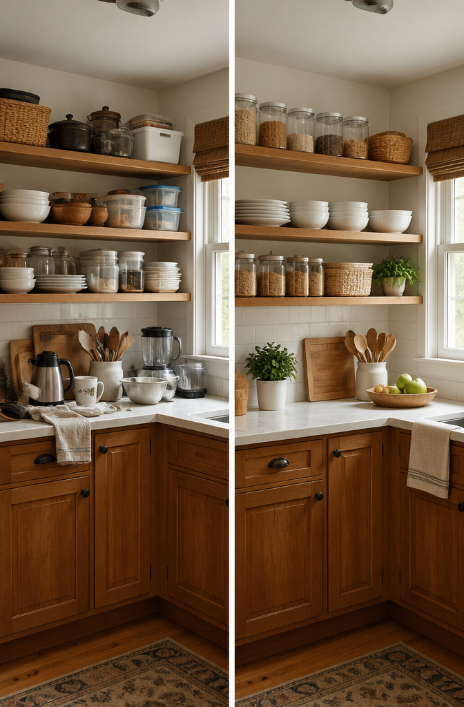 Organized kitchen surfaces with everyday items at eye level.