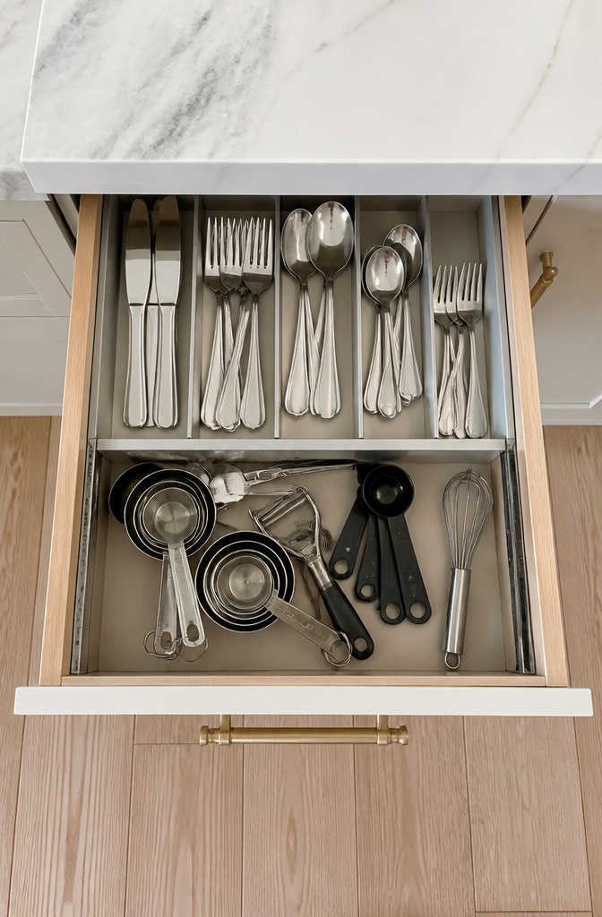 Two-tier drawer organizers filled with utensils and measuring cups.