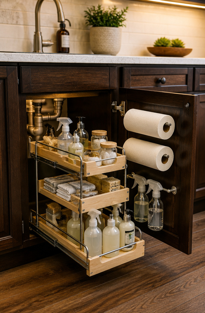 Under-sink cabinet with a pull-out organizer for cleaning products.