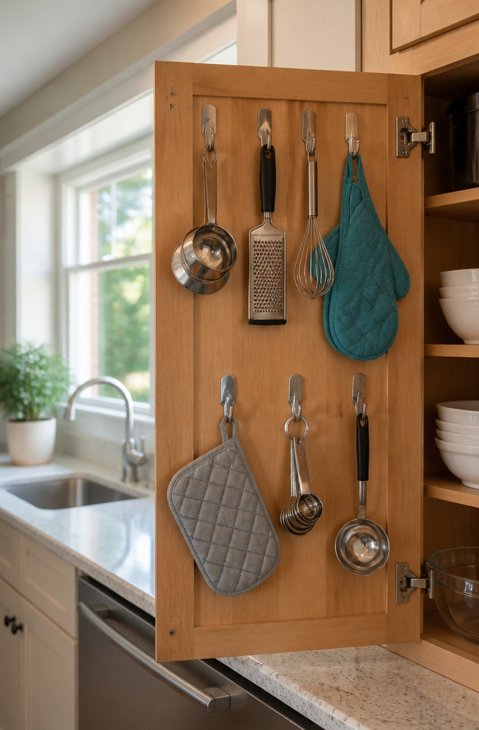 Cabinet door with hooks holding various kitchen tools and towels.
