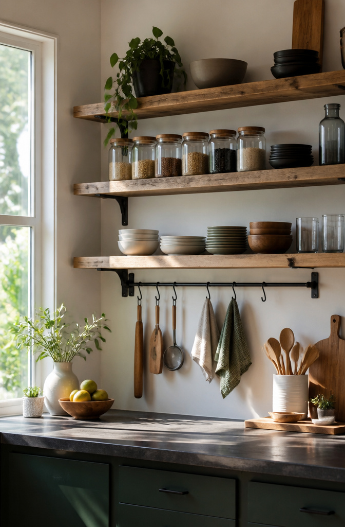 Open shelves filled with dishware and jars on a whitewashed wall.