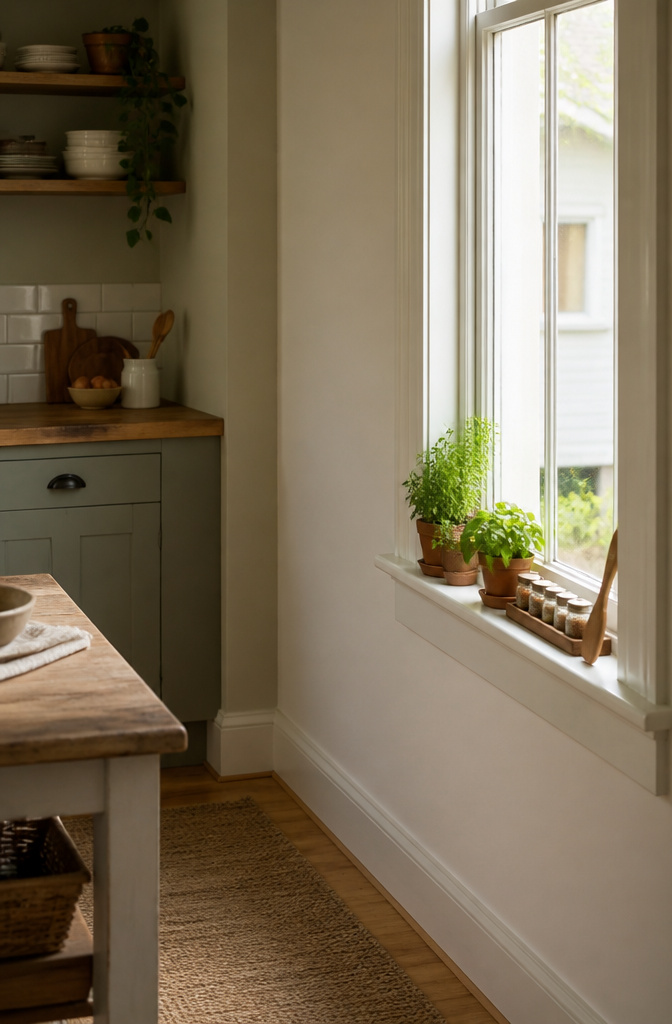 Window sill with herb pots and a tray of spice jars.