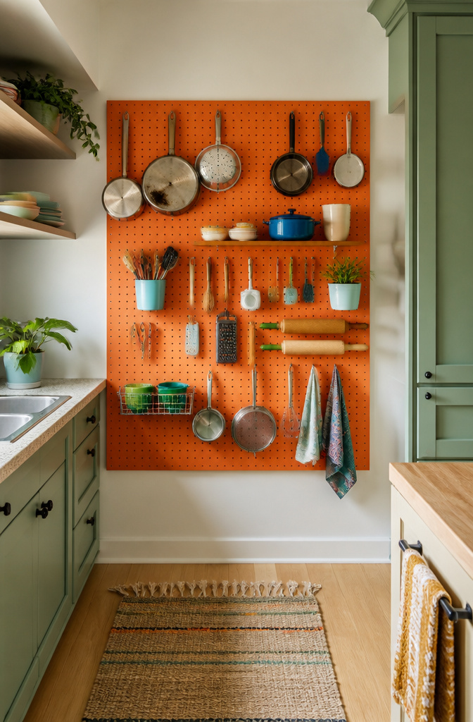Metal pegboard wall displaying various kitchen tools and utensils.