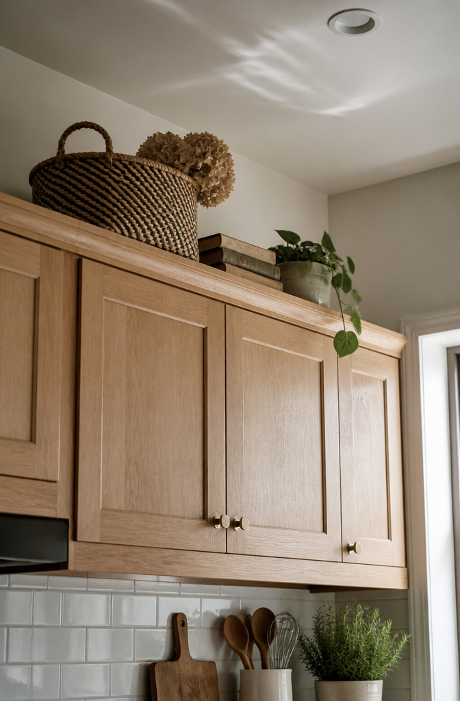 Cabinet tops displaying cookbooks and a potted plant.