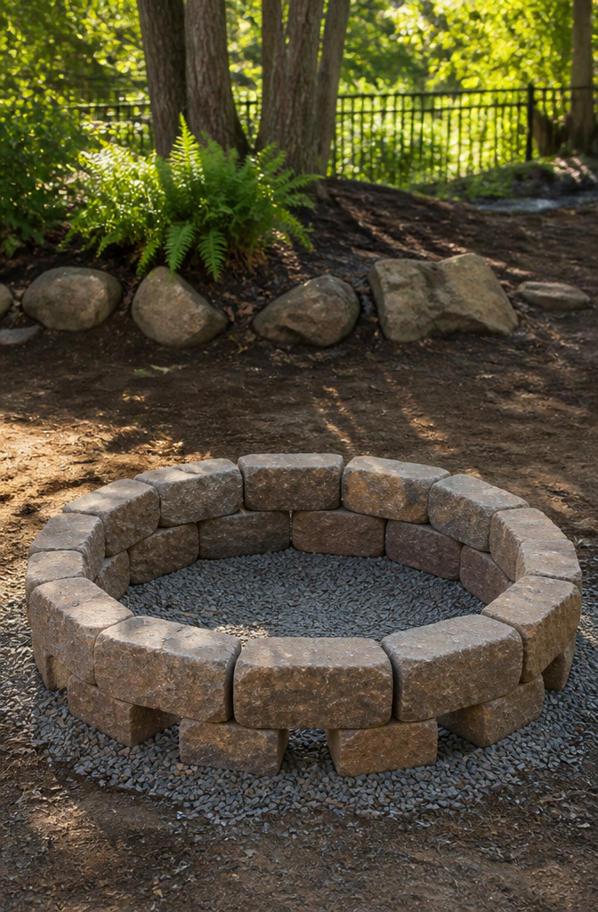 A circular arrangement of tumbled fire pit stones on gravel.