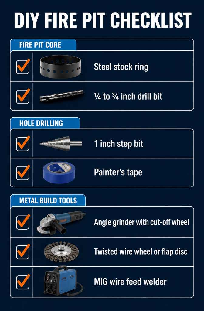A DIY fire pit checklist detailing required materials and tools.