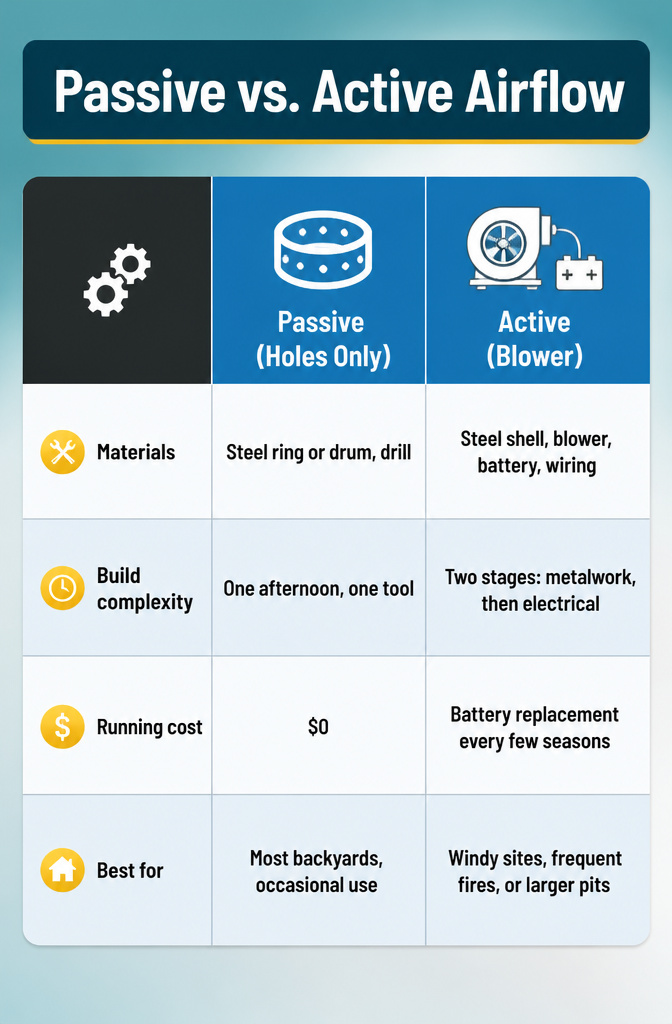 A comparison chart of passive and active airflow systems for fire pits.