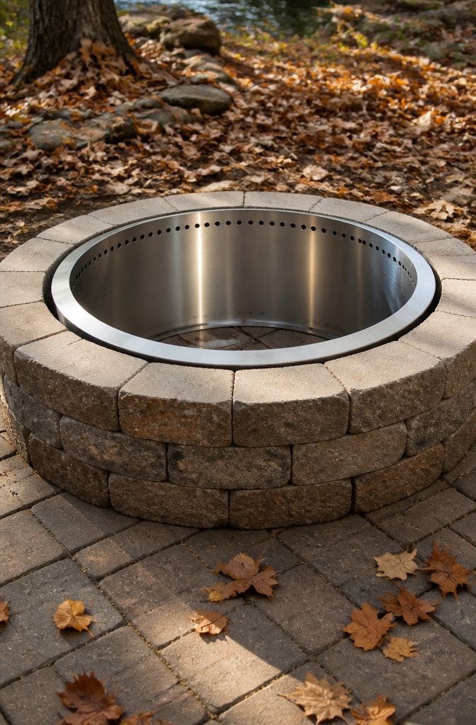 A segmented fire pit ring positioned inside a stone fire pit base.