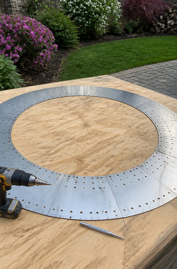 A segmented fire pit ring with drilling marks on a sheet of plywood.