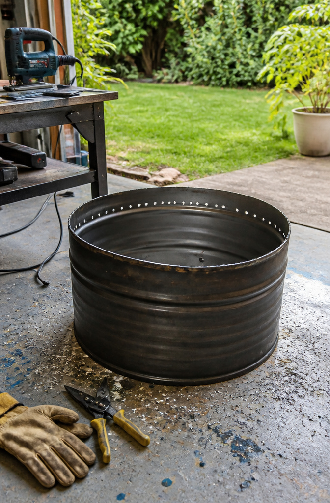 A horizontally cut steel drum prepared for a smokeless fire pit.