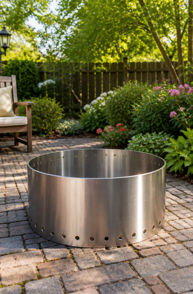 A steel fire ring with visible drilled holes for airflow in a backyard.
