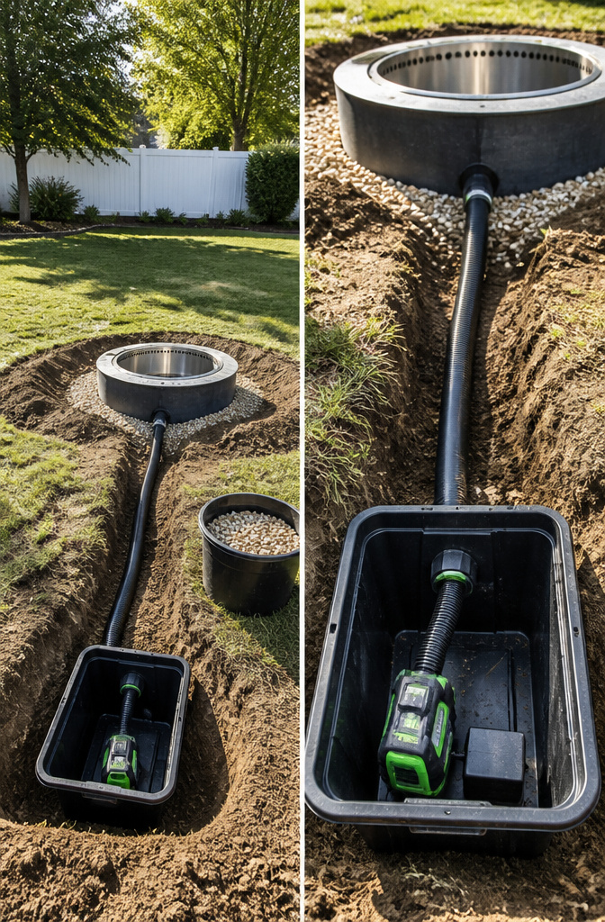 A trench for blower piping connected to a smokeless fire pit.