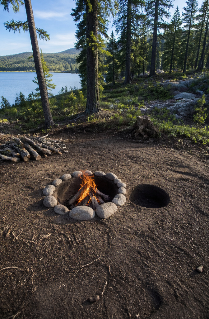 Two holes in the ground connected by a tunnel for a Dakota fire hole.