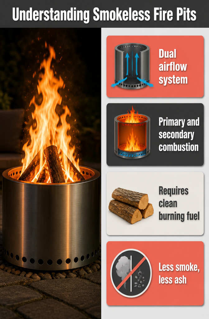 An infographic explaining how smokeless fire pits work with airflow.