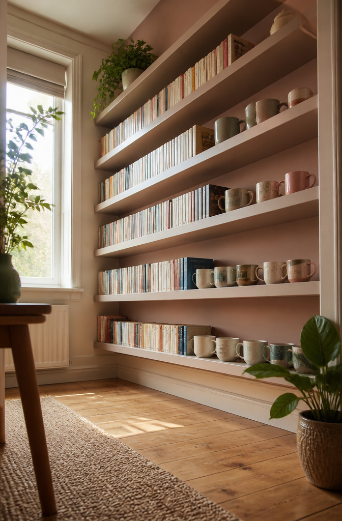 Floating shelves mounted on a wall holding books and coffee mugs.