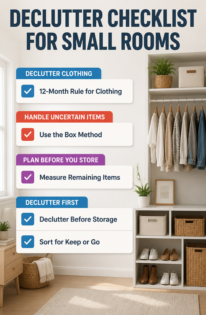 A checklist titled 'Declutter Checklist for Small Rooms' on a table.